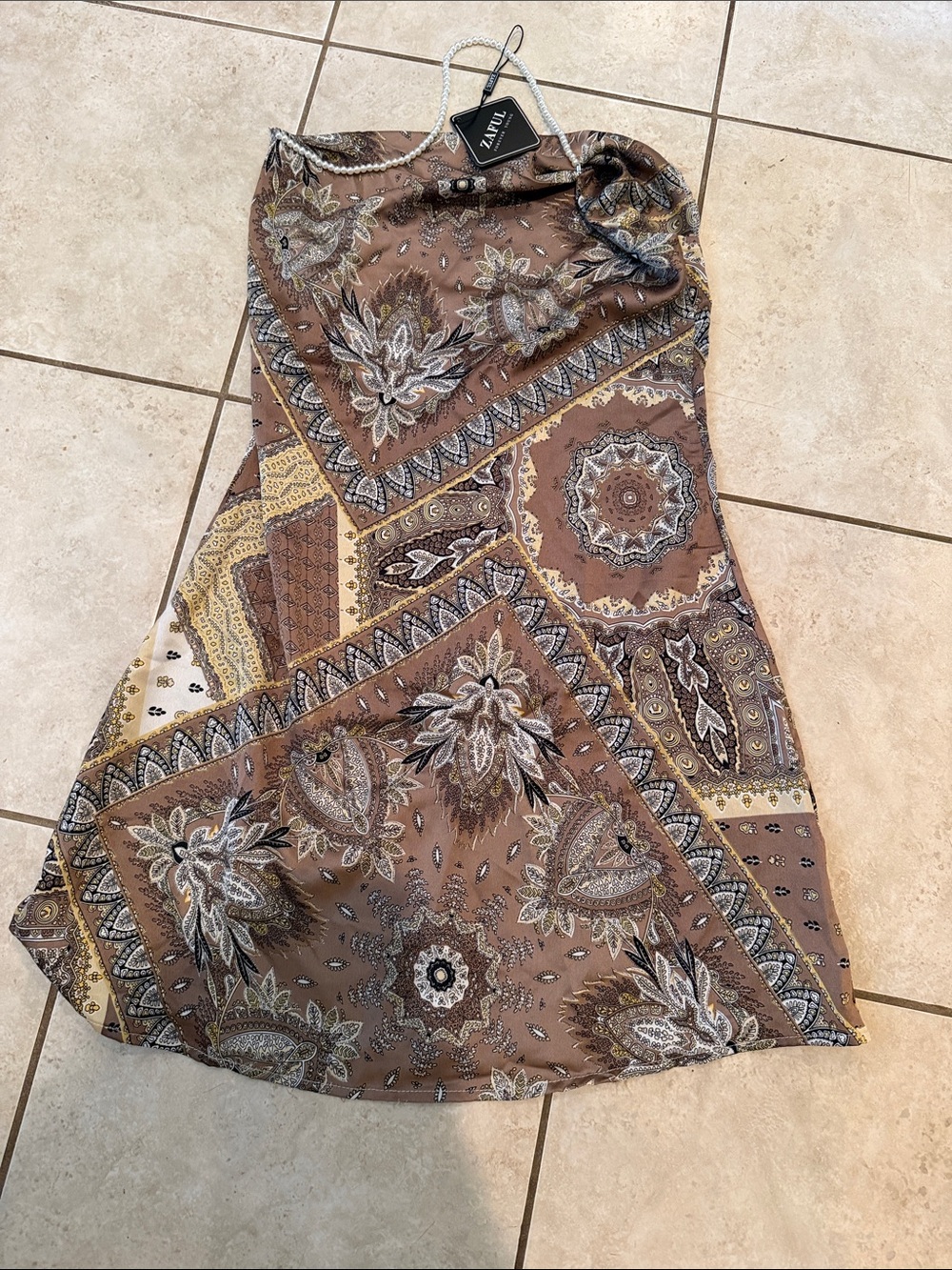 Zaful Brown Paisley Patchwork Halter Mini Dress Pearl Neck Sz Small Zipper Back